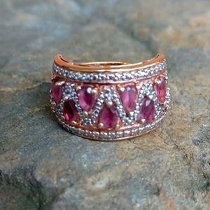Genuine, pink tourmaline,white zircon,rose gold plated ring Sz.6